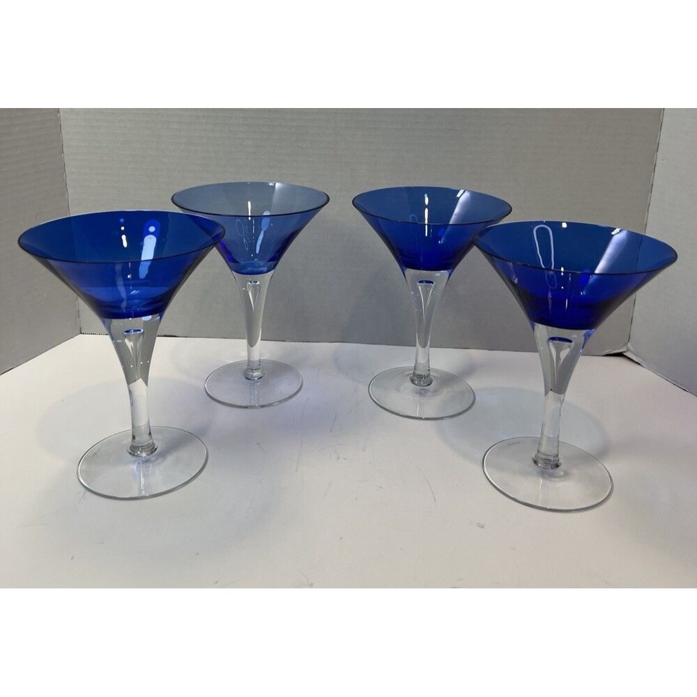 Block Stockholm Martini Set /4 Blue Clear Crystal Martini Glasses Bubble Stem